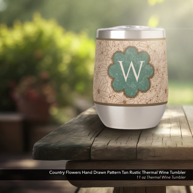 Blume in Ländern: Tan und Hunter Green Mit Monogra (Country Flowers Wine Tumbler with Hand Drawn Rustic Floral Pattern & Distressed Green Monogram)