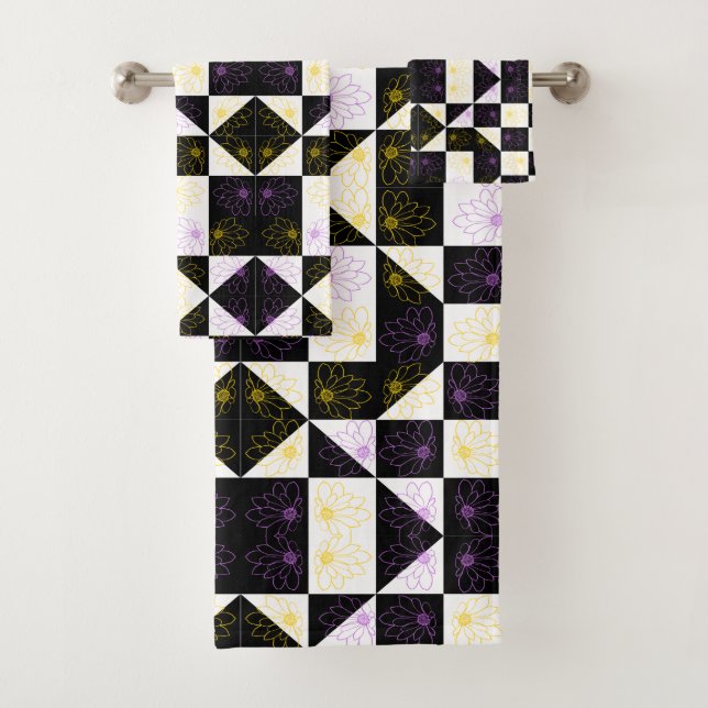 Blume in monochromen ästhetischen Schachbrettern Badhandtuch Set (Insitu)