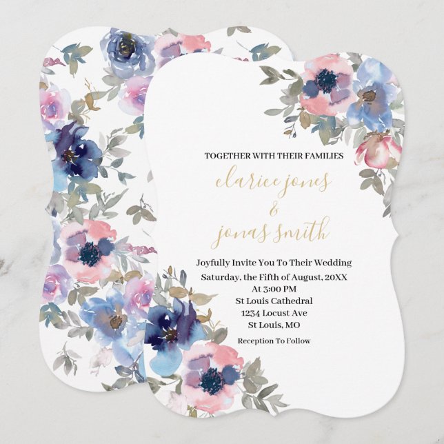 Blume in Navy & Blush Wasserfarbe Einladung Hochze (Vorne/Hinten)
