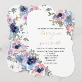 Blume in Navy & Blush Wasserfarbe Einladung Hochze