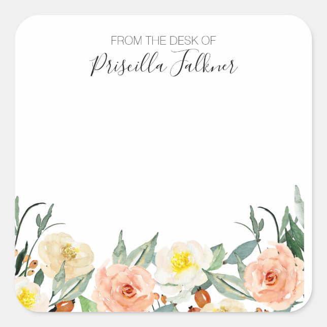 Blume in Rosa am Schreibtisch Quadratischer Aufkleber (Vorderseite)