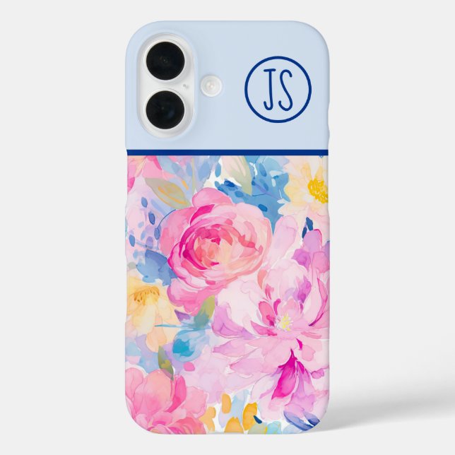Blume in Rosa und Blau Mit Monogramm iPhone 16 Hülle (Rückseite)