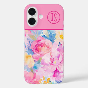 Blume in Rosa und Blau Mit Monogramm iPhone 16 Hülle