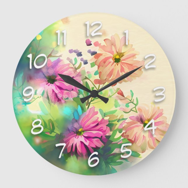 Blume in Rosa und Korallenwasser Große Wanduhr (Vorderseite)