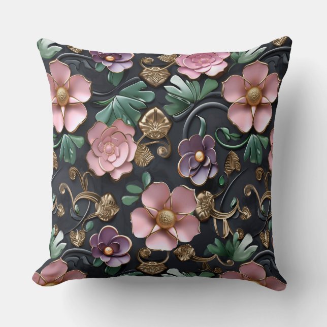 Blume in rosa und Lila Set auf schwarzem Hintergru Kissen (Vorderseite)