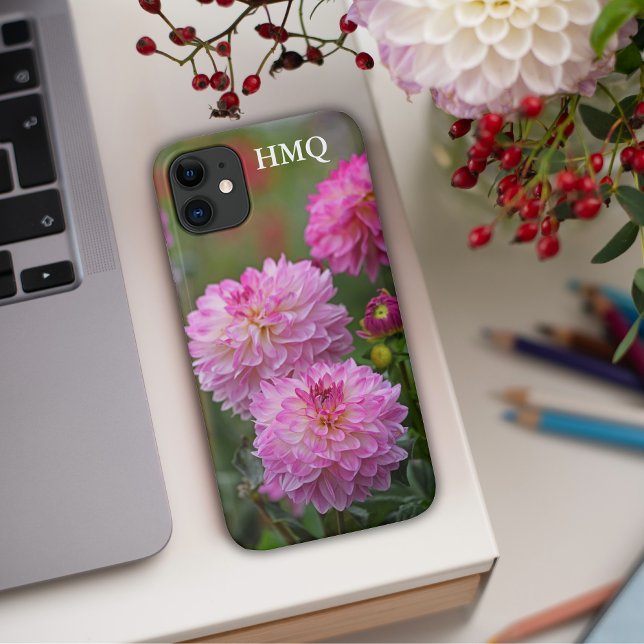 Blume in Rosa und Weiß Dahlia Case-Mate iPhone Hülle (Pink Dahlias personal initials phone case)