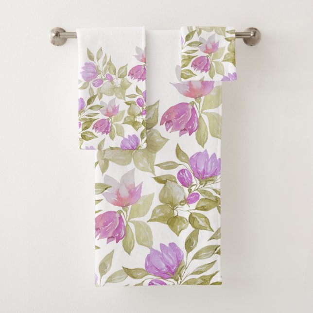 Blume in Rosa Violett Wasserfarben Handgemalt Badhandtuch Set (Insitu)