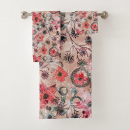 Blume in Rot auf Beige. Badhandtuch Set