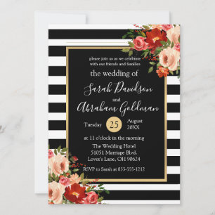 Blume in Schwarz-Weiß-Streifen Rose Hochzeit Einladung