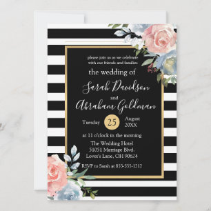 Blume in Schwarz-Weiß-Streifen Rose Hochzeit Einladung