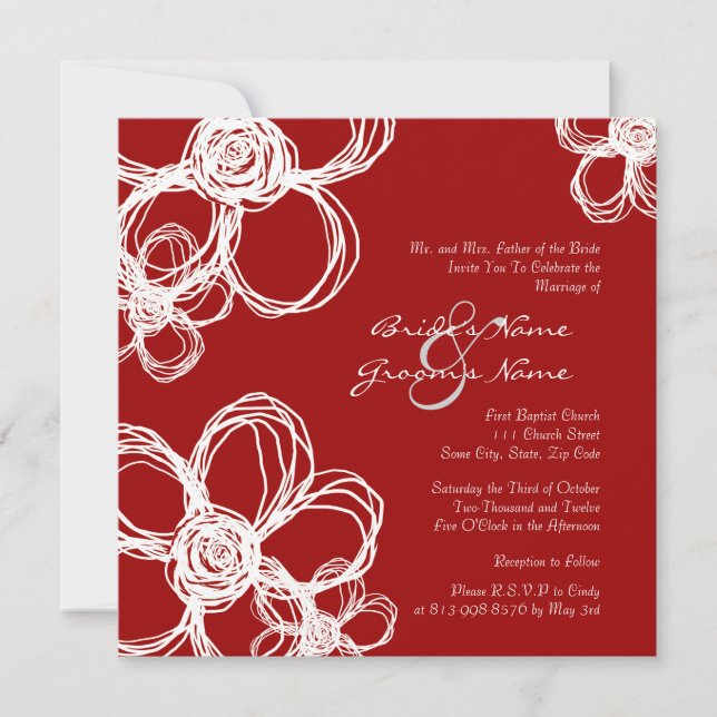 Blume in Weiß und Rot Hochzeitsfeiern Einladung (Vorderseite)