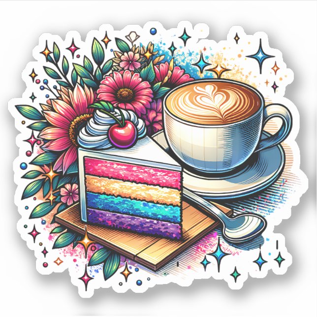 Blume, Kaffee und Regenbogenkuchen Aufkleber (Vorderseite)