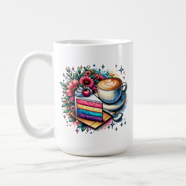 Blume, Kaffee und Regenbogenkuchen Personalisiert Kaffeetasse (Links)