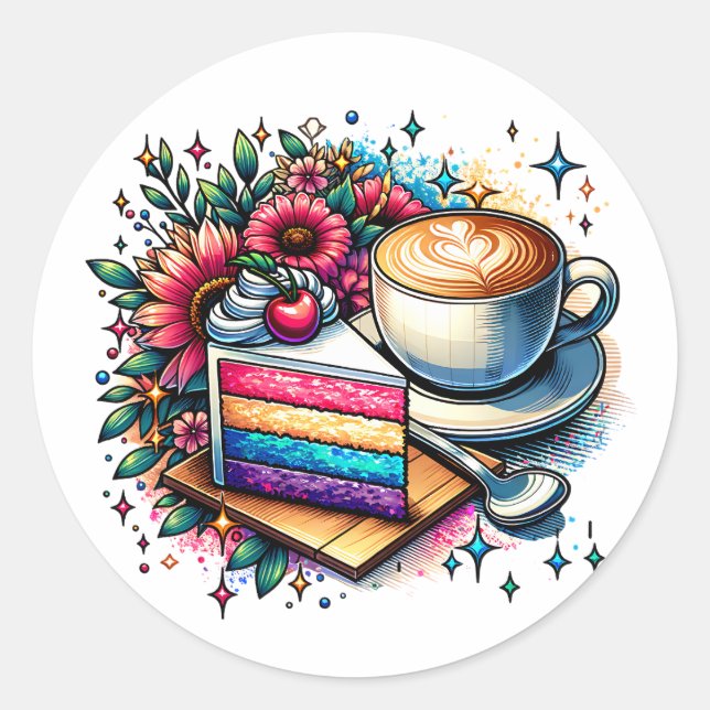 Blume, Kaffee und Regenbogenkuchen Runder Aufkleber (Vorderseite)