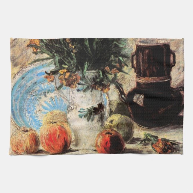 Blume, Kaffeeepot und Obst von Vincent van Gogh Geschirrtuch (Horizontal)