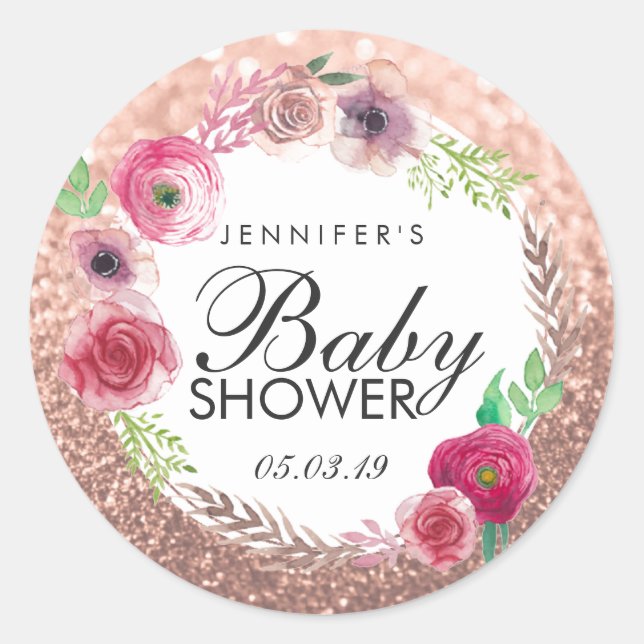 Blume Kinderdusche Rosa Rose Gold Glitzer Runder Aufkleber (Vorderseite)