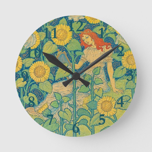 Blume Kinderfrau im Sonnenblumengarten Runde Wanduhr (Vorderseite)