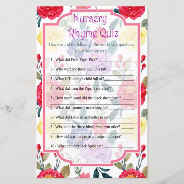 Blume Kinderzimmer Rhyme Quiz Kinderduschenspiel (Vorderseite)