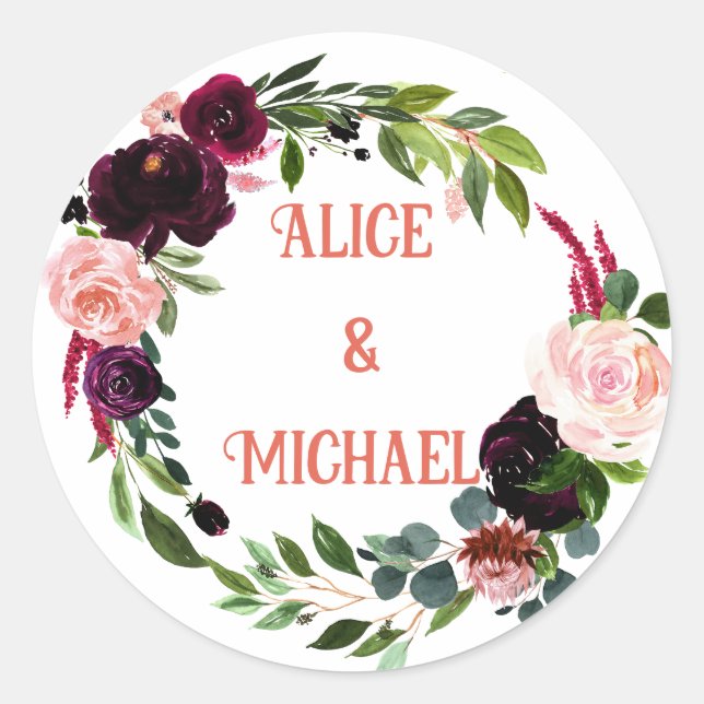 Blume Kranich MONOGRAMM boho rosa bordei Classi Runder Aufkleber (Vorderseite)