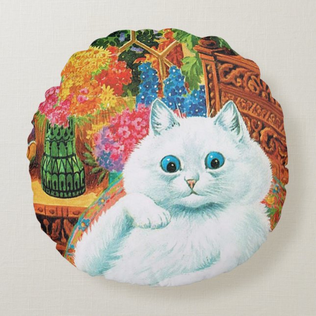 Blume liebt Katze, Louis Wain Rundes Kissen (Vorderseite)
