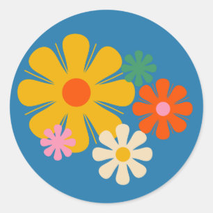 Blume Locus Reto 60er 70er Floral auf Blue Card Runder Aufkleber
