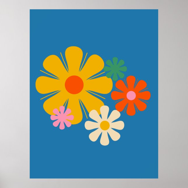 Blume Locus Reto 60er 70er Floral auf Blue Poster (Vorne)