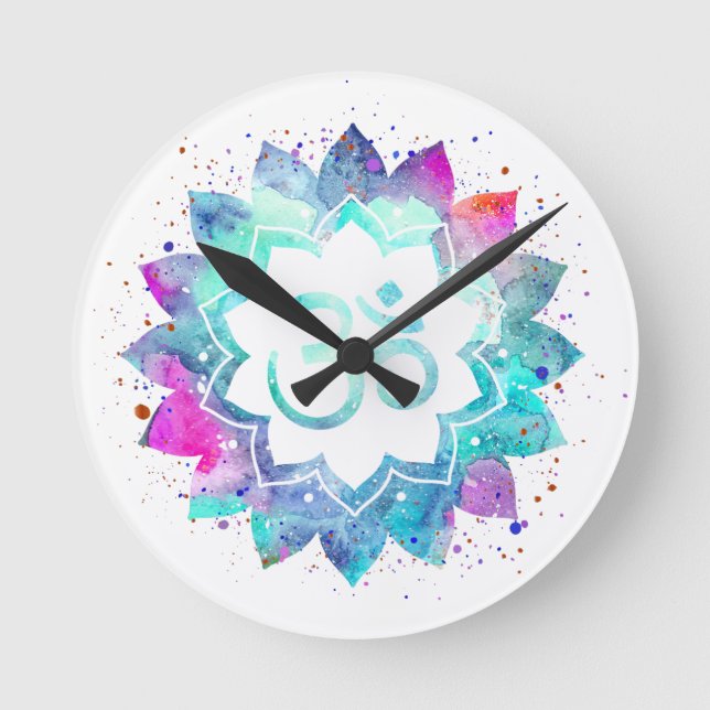 *~* Blume Lotus Mandala OM OM Wasserfarbe Runde Wanduhr (Vorderseite)