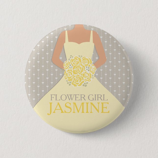 Blume Mädchen gelbes Kleid mit Namen Hochzeitsklei Button (Vorderseite)
