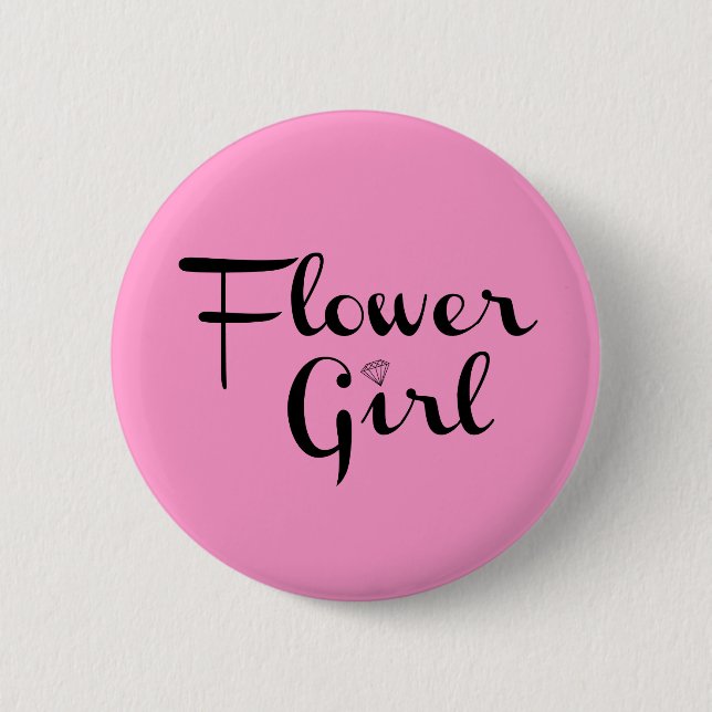 Blume Mädchen Retro-Script Schwarz auf Rosa Button (Vorderseite)