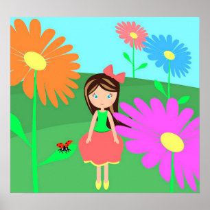 Blume, Mädchen und Ladybug Poster