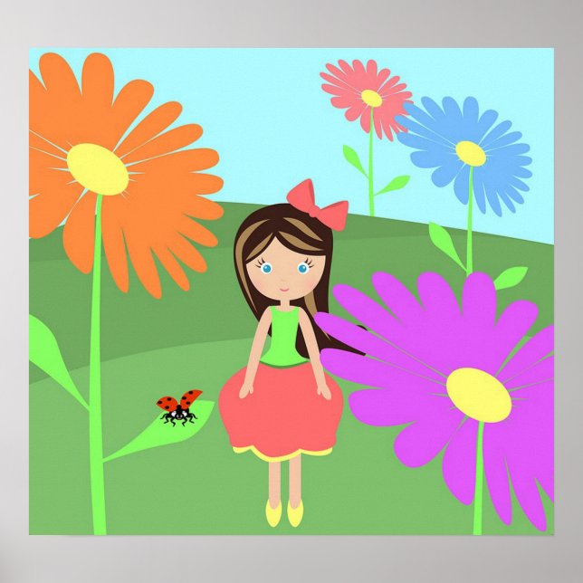 Blume, Mädchen und Ladybug Poster (Vorne)