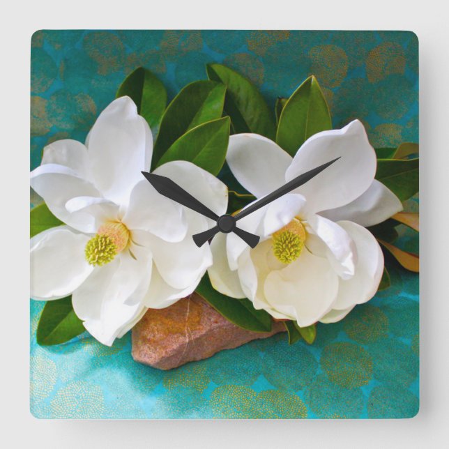 Blume | Magnolische Blume Quadratische Wanduhr (Vorderseite)