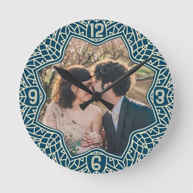 Blume Mandala Floral Shaped Custom Foto Blue Runde Wanduhr (Vorderseite)
