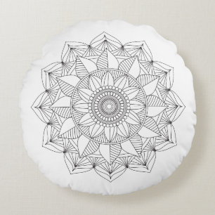 Blume Mandala, Schwarz und Weiß, v1 Rundes Kissen
