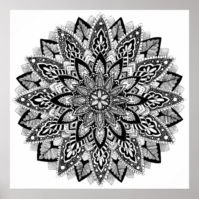Blume Mandala Schwarzweiß Poster (Vorne)