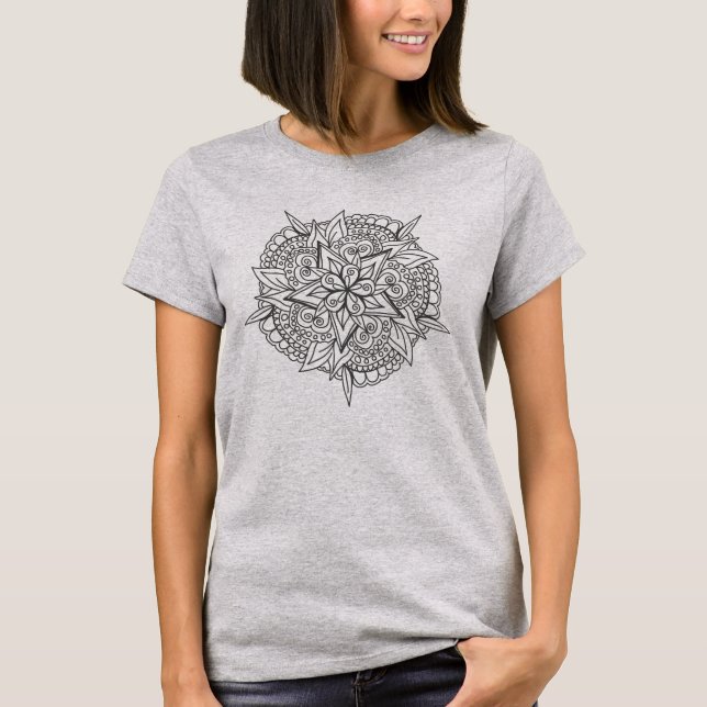 Blume Mandala Verzierte Linie Zeichnend T-Shirt (Vorderseite)