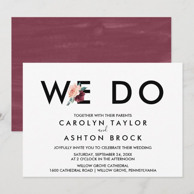 Blume | Maroon Wir Hochzeit Einladung (Vorne/Hinten)