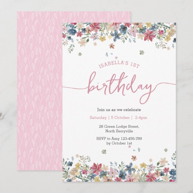 Blume Meadow Birthday Einladung (Vorne/Hinten)