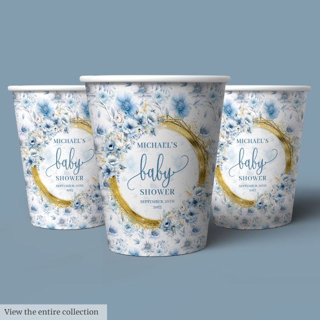Blume mit blauer Wasserfarbe, goldenes Baby Pappbecher (Playful dusty blue watercolor flowers gold baby Paper Cups)