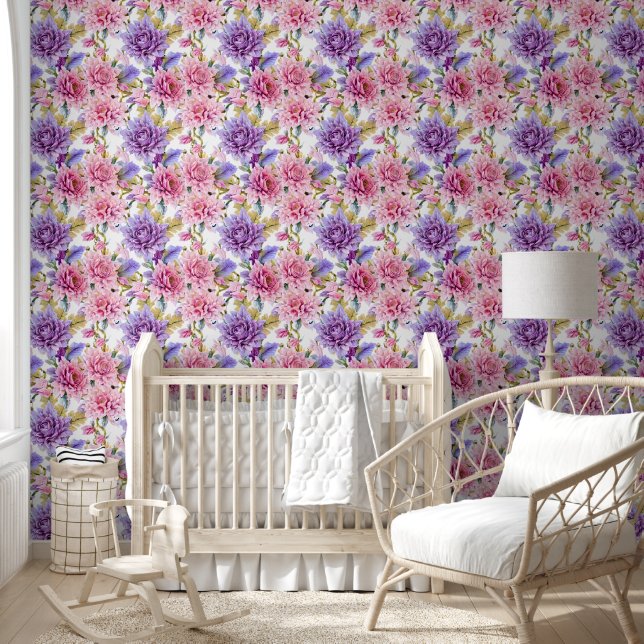 Blume mit Blumenmuster Collage Wandbraun rosa lila Tapete (Kinder)