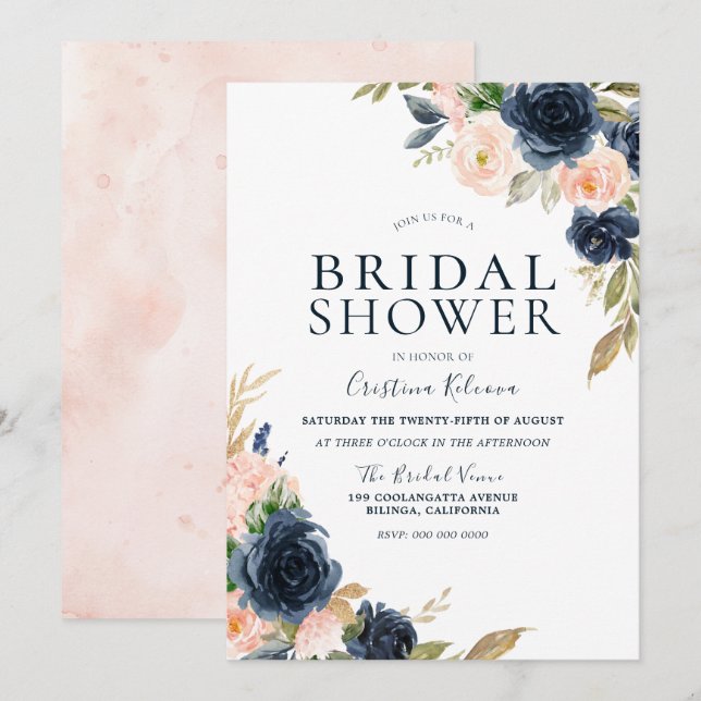 Blume mit Blush und Navy Peach Brautparty Einladung (Vorne/Hinten)
