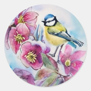 Blume mit Cyclomene, Vogel, Aquarell Runder Aufkleber