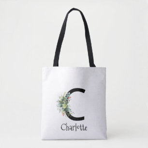 Blume mit elegantem Buchstaben, weiß Tasche