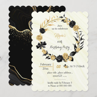 Blume mit Gold und Schwarz zum Geburtstag Einladung