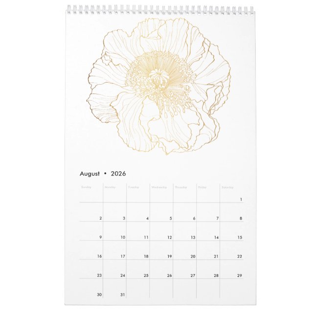 Blume mit goldfarbenen Tropen und Gartenpflanzen. Kalender (Aug 2026)