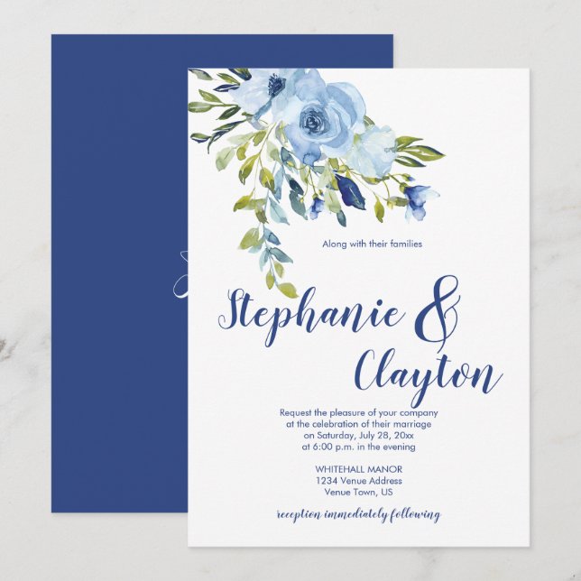 Blume mit hellblauen und marinen Wasserfarben Hoch Einladung (Vorne/Hinten)