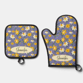 Blume mit Individuelle Name Ofenhandschuh & Topflappen-Set