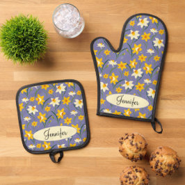 Blume mit Individuelle Name Ofenhandschuh & Topflappen-Set