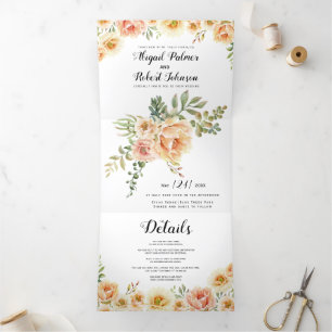Blume mit Korallen und Pfirsichfarben Hochzeit Dreifach Gefaltete Einladung