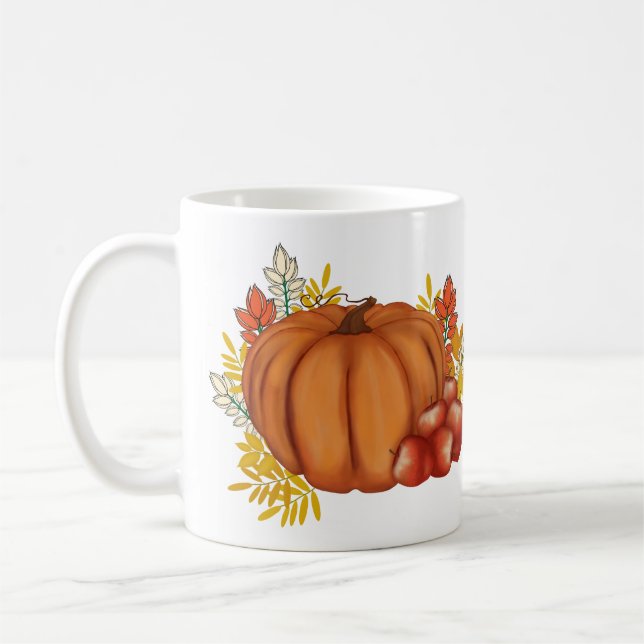 Blume mit Kürbis und Äpfeln. Erntedank Kaffeetasse (Links)